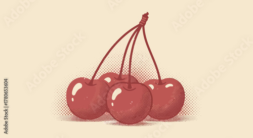 Three Cherries with Halftone Effect on Beige Background Illustration