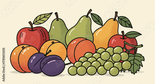 Vibrant assortment of fresh fruits illustration in vintage pop art style
