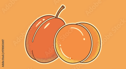 Vibrant peach artwork featuring two fresh peaches on a solid backdrop