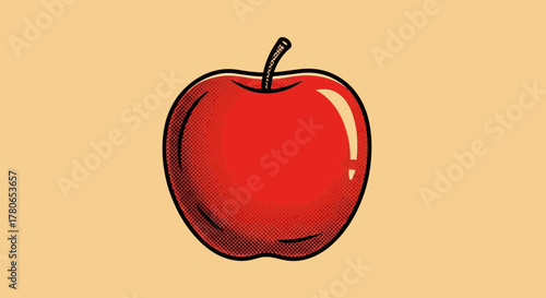 Vibrant red apple with halftone shading on light brown background