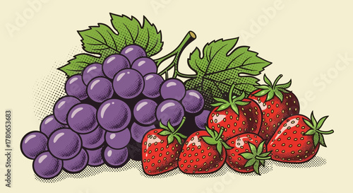 Vibrant pop art illustration of juicy grapes and fresh strawberries delight