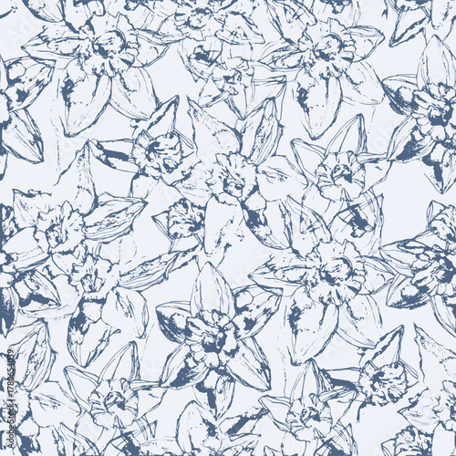 Delicate hand-drawn daffodil floral seamless pattern rendered in refined blue line art. elegant botanical sketch brings a timeless and modern aesthetic, perfect for fashion prints, fabric design