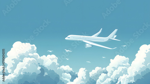Soaring Above the Clouds: An airplane soars majestically through a dreamy sky. The serene composition features fluffy clouds and a sense of boundless freedom.
