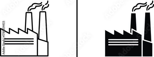 Industrial Factory Icon – Manufacturing Plant with Smoke Chimneys