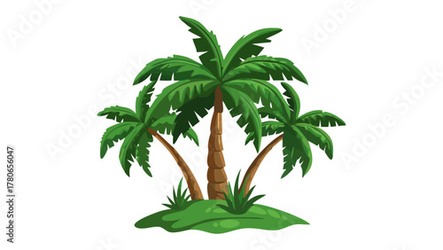 Tropical Oasis: A depiction of a serene tropical scene with three lush palm trees thriving on a small, verdant island, evoking a sense of calm and vacation vibes.