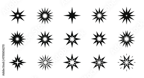 A dynamic collection of abstract starburst and sparkle graphic elements, perfect for adding radiant shine and decorative light burst effects to various design projects and visual media