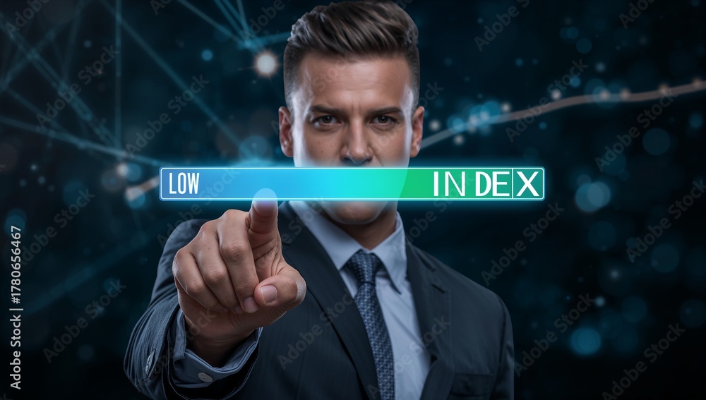 Fototapeta premium Dynamic businessman points to low index score on futuristic interface, showcasing data analysis and investment strategy in a modern digital world