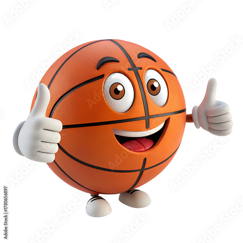 Basketball Cartoon Mascot Giving Thumbs Up: A vibrant, animated basketball character, radiating positive energy, flashes a cheerful smile and offers two thumbs up.