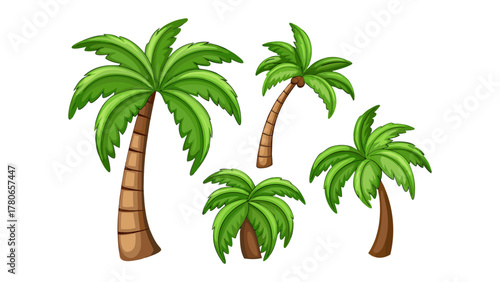 Tropical Palms: A collection of vibrant palm trees, each with lush green fronds and sturdy trunks, isolated, evokes feelings of warmth, and exotic landscapes
