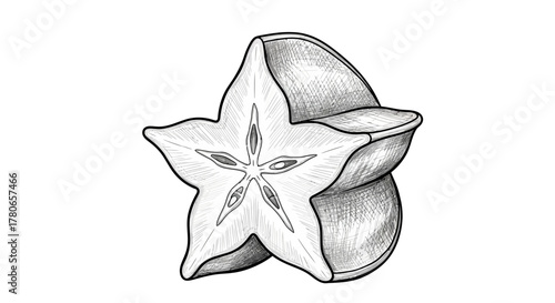 Exotic star fruit cross section, hand drawn illustration on white