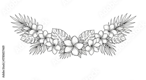 Exquisite Hand-Drawn Floral Garland featuring Plumeria and Tropical Leaves