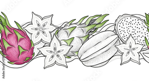 Exotic tropical fruit arrangement with dragon fruit and star fruit pattern