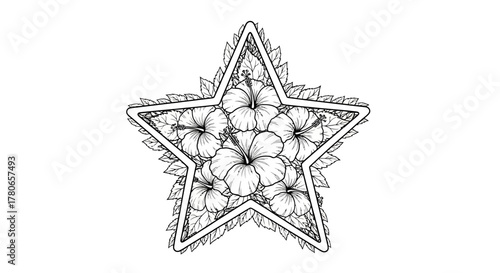 Exquisite monochrome star illustration featuring hibiscus flowers and leaves