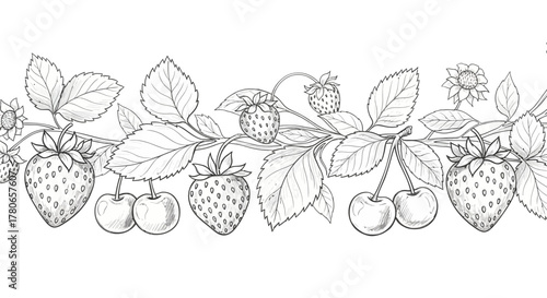 Hand drawn botanical illustration of strawberries, cherries, leaves seamless border