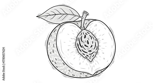 Hand drawn illustration of a peach cut in half in black and white style
