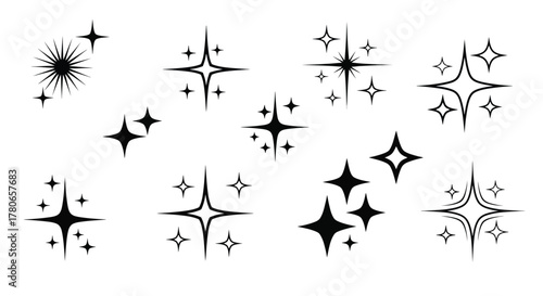 Versatile collection of black sparkle, glitter, and star graphic elements, ideal for adding brilliance and light effects to any design. A shining set of decorative glow and twinkle assets