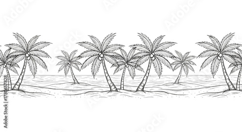 Hand-Drawn Tropical Beach Seamless Border with Palm Trees and Ocean View