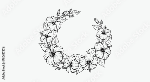 Hibiscus flower wreath illustration in black and white drawing style
