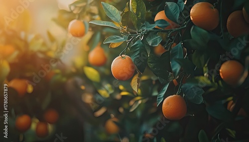 A close-up of fresh, ripe oranges hanging on a tree with green leaves