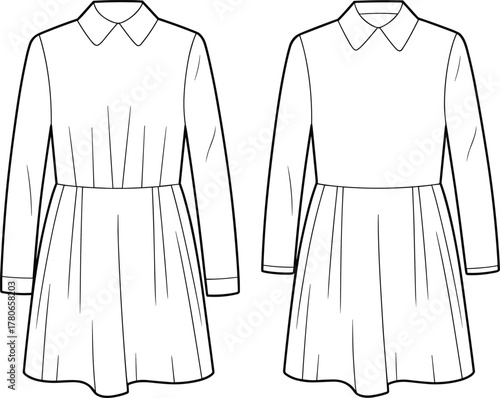 CAD drawing flat vector illustration, collared long sleeve dress fashion sketch, pleated skirt garment design template, apparel industry clothing mockup