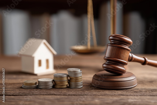 House model, gavel and scale with coins on surface, faceless divorce settlement, asset division visualization, defocused legal background, property split detail, marital dissolutio