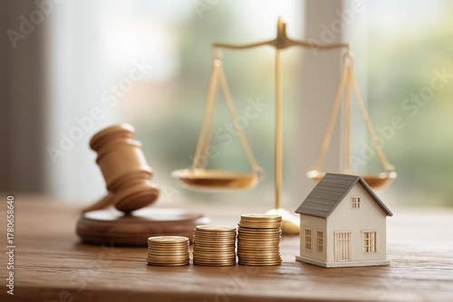 House model, gavel and scale with coins on surface, faceless divorce settlement, asset division visualization, defocused legal background, property split detail, marital dissolutio