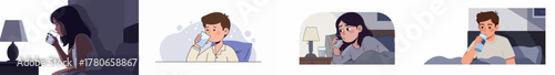 Collection of illustrations showing people waking up in bed at night to drink water or take medication for health and hydration.