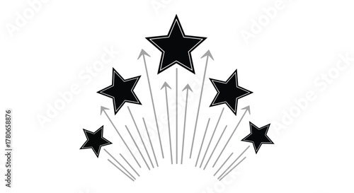Four Black Stars Ascending Upwards with Rays of Light, Representing Success and Achievement