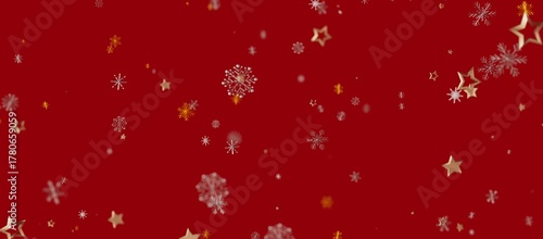 Christmas or New Year holiday background with snowflakes and stars on a red backdrop. Suitable for festive designs, greetings, and se