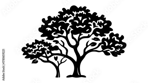 Arborial Symphony: A black and white depiction of trees, each with intricately detailed silhouettes, evoking a sense of tranquility and a deep connection to nature. 