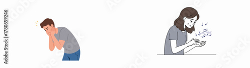 Illustration set of people experiencing auditory and emotional discomfort: man covering ears due to loud noise or pain, and woman crying with musical notes.