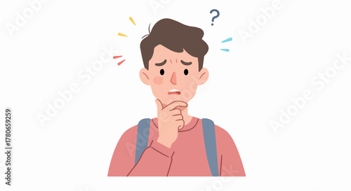 Young man with a backpack looking confused and worried, scratching his chin while thinking with a question mark floating above his head.
