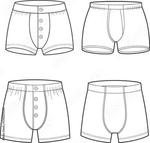 CAD drawing flat vector illustration, men’s underwear fashion sketch, boxer briefs and boxers garment design template, apparel industry clothing mockup