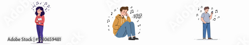 Diverse people dealing with auditory thoughts, earworms, and distractions symbolized by floating musical notes.