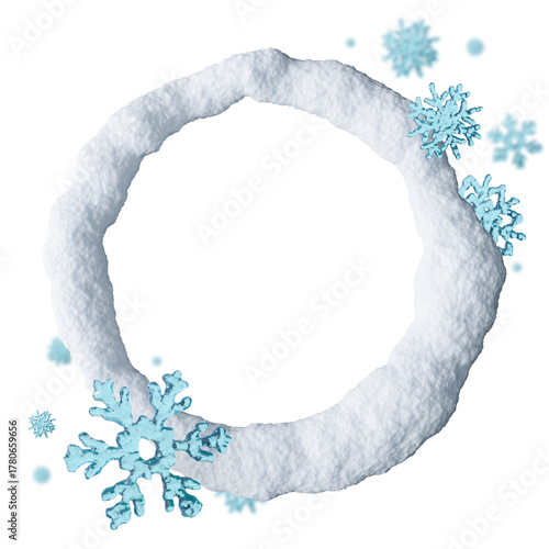 A 3D rendered snow circle frame is isolated on transparent background. Delicate snowflakes adorn the frame, creating a festive and wintry feel suitable for seasonal projects.