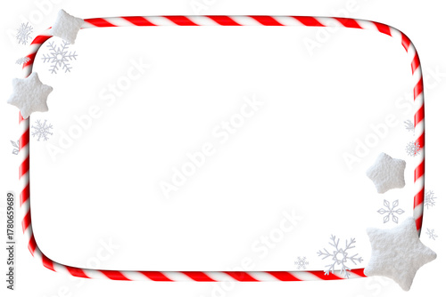 Rectangular candy cane frame with snowflakes is isolated on transparent background, showcasing a three-dimensional design ideal for winter-themed presentations or decorations. Copy space. 3D.