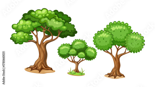 Vibrant Trees Illustration: A colorful depiction of three distinct trees with lush green foliage, showcasing variations in size and shape