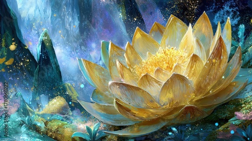 Glowing Golden Lotus Flower In Mystic Forest