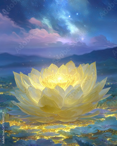 Glowing Golden Lotus Flower In Night Landscape