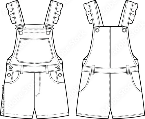 CAD drawing flat vector illustration, short overalls fashion sketch, ruffle strap garment design template, apparel industry clothing technical mockup