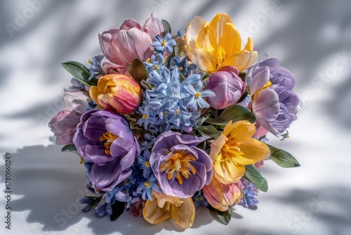 Vibrant Spring Bouquet With Tulips, Crocus, And Forget-Me-Nots