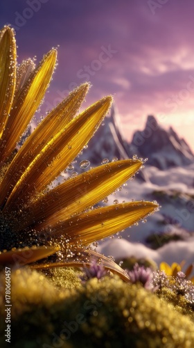 Golden Flower Petals On Snow Capped Mountains Sunset