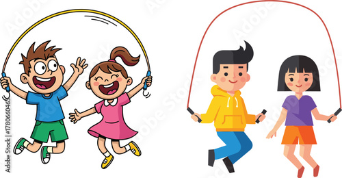 Cartoon kids jumping rope together, outdoor exercise fun, happy children skipping rope illustration, fitness activity concept, healthy lifestyle vector design