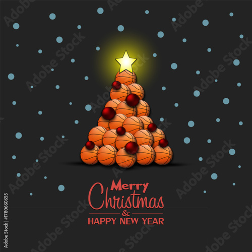 Merry Christmas and Happy New Year. Christmas tree made of basketball balls. Snowflakes on the background. Greeting card design template with for new year. Vector illustration