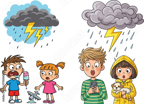 Children surprised by thunderstorm lightning and rain, cartoon illustration of kids reacting to bad weather, storm, fear, and expression concept