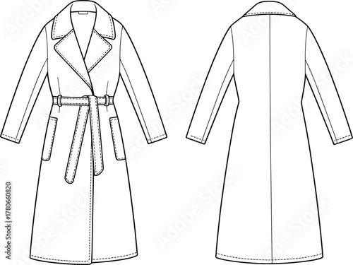 CAD drawing flat vector illustration, trench coat fashion sketch, belted long coat garment design template, apparel industry clothing technical mockup