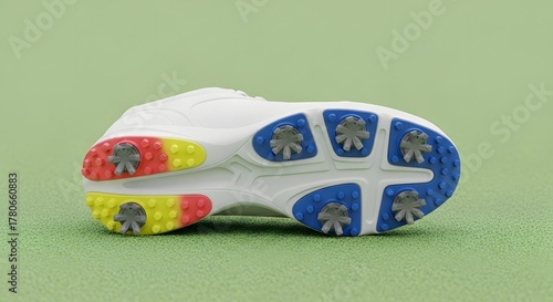 Close-up of a white golf shoe sole with colorful spikes and traction studs on green turf