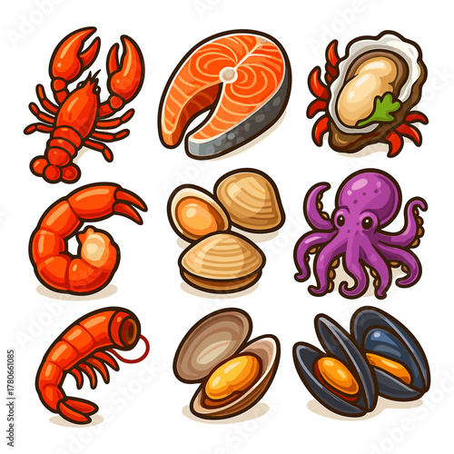 Seafood cartoon icons ,fish, ocean, marine, restaurant, food