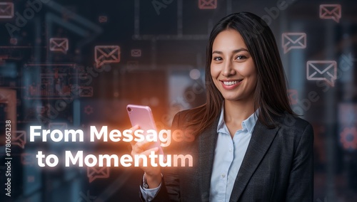Confident businesswoman using mobile messaging for marketing success in modern office, connecting with customers to drive business momentum and growth