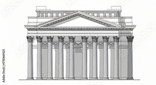 Symmetrical neoclassical facade drawing, fine ink lines on white